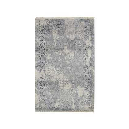 4'X6' Spruce Blue Wool & Pure Silk Erased Zoroastrian Design Oriental Rug