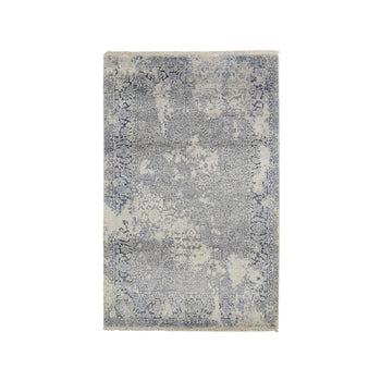 4'X6' Spruce Blue Wool & Pure Silk Erased Zoroastrian Design Oriental Rug