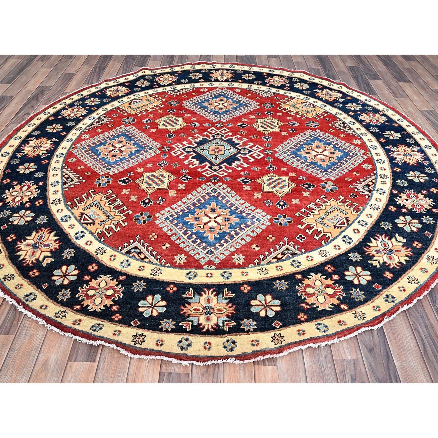 8'X8' Red Hand Knotted Densely Woven Wool Special Kazak Round Rug