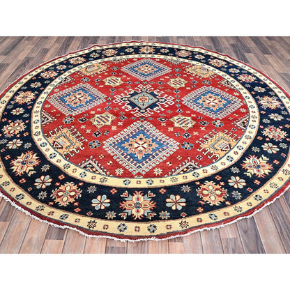 8'X8' Red Hand Knotted Densely Woven Wool Special Kazak Round Rug
