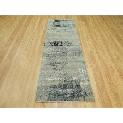 2'8"X7'10" Hand Knotted Silver Blue Modern Abstract Design Runner Rug