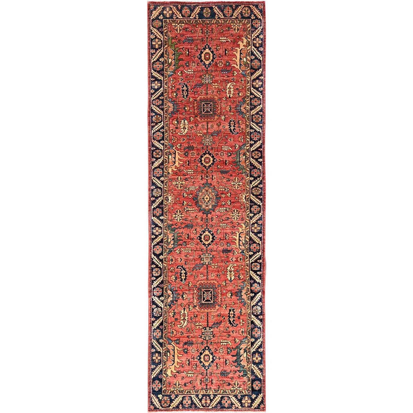 3'10"X13'7" Red Heris All Over Design Wool Hand Knotted Runner Oriental Rug