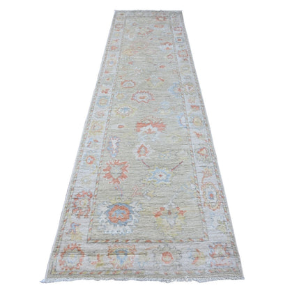 3'1"X11'8" Silver Green Vegetable Dyes Angora Oushak Runner Oriental Rug