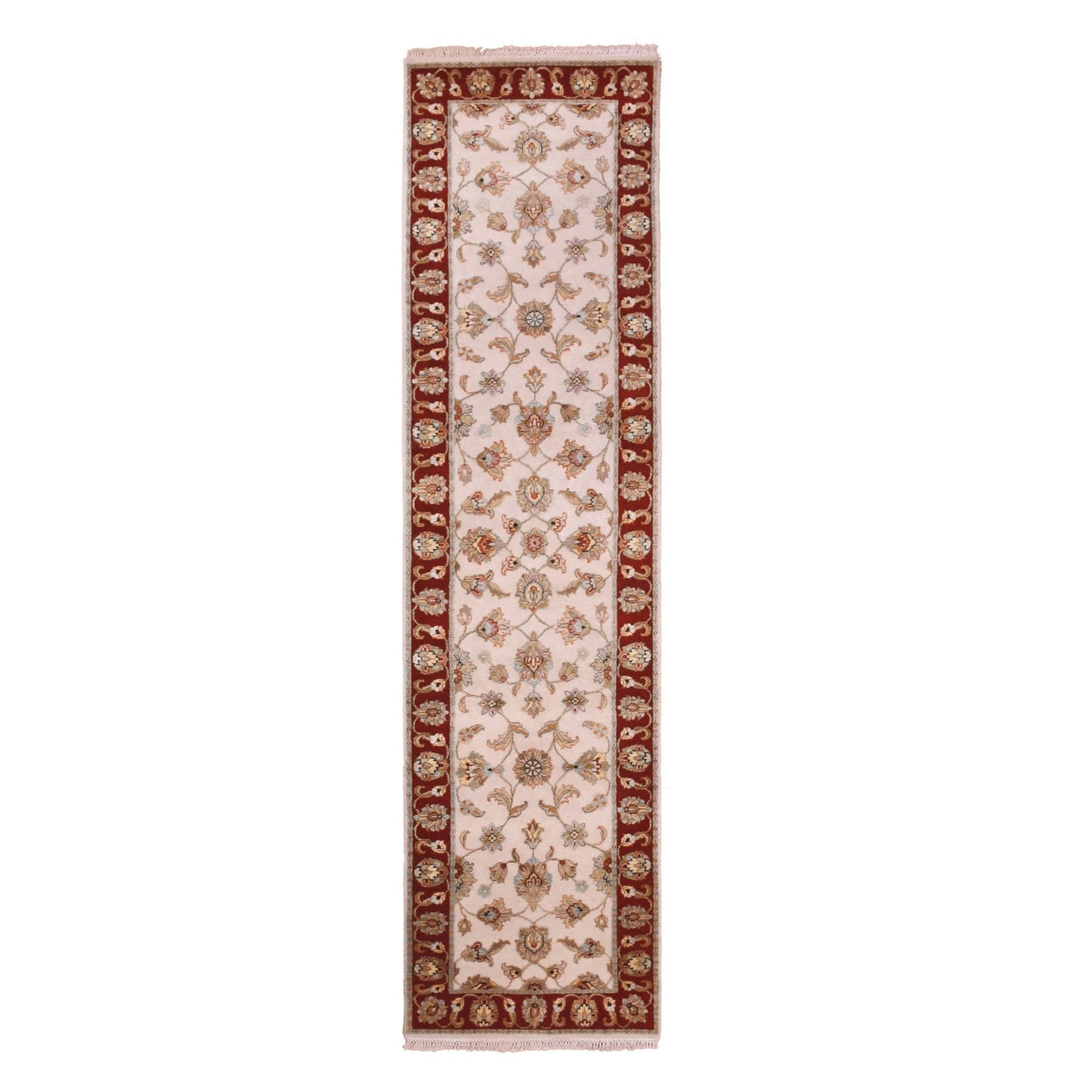 2'7"X10'4" Ivory Hand Knotted Rajasthan Leaf Design Wool Silk Runner Rug