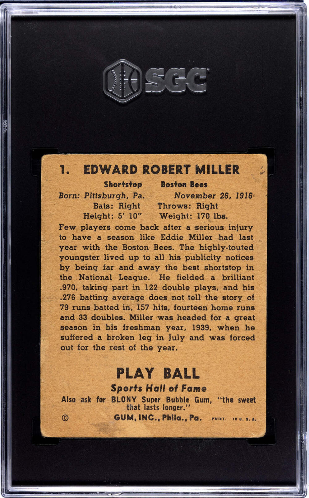 Eddie Miller 1941 Playball Card #1 Sgc 2