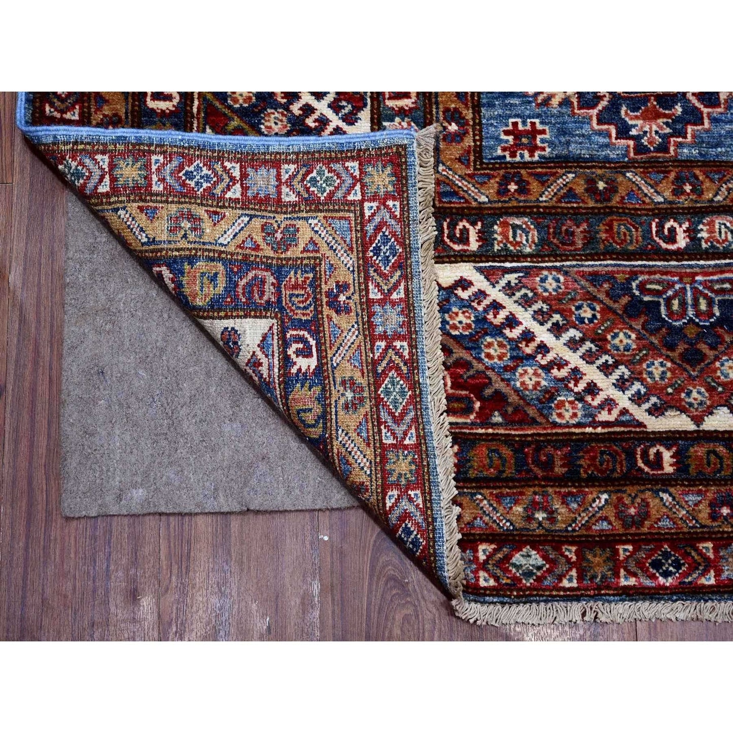 7'10"x10' Busty Blue Hand Knotted Wool Super Kazak Large Medallions Rug