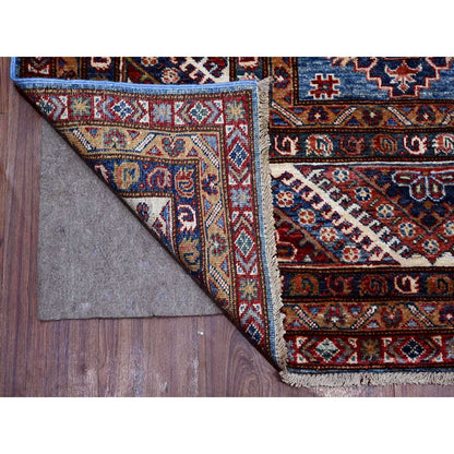 7'10"x10' Busty Blue Hand Knotted Wool Super Kazak Large Medallions Rug