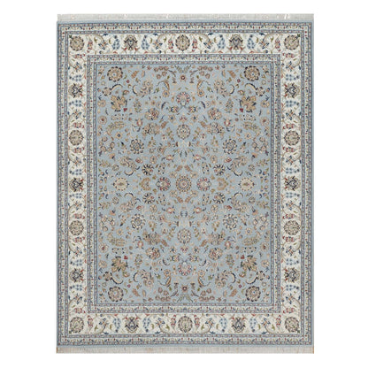 8'2"X10'5" Slate Blue Nain Flower Design Hand Knotted Wool And Silk Rug