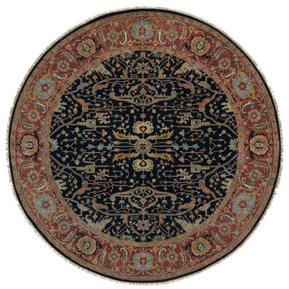 10'1"X10'1" Navy Antiqued Heris Re-Creation Hand Knotted Wool Round Rug
