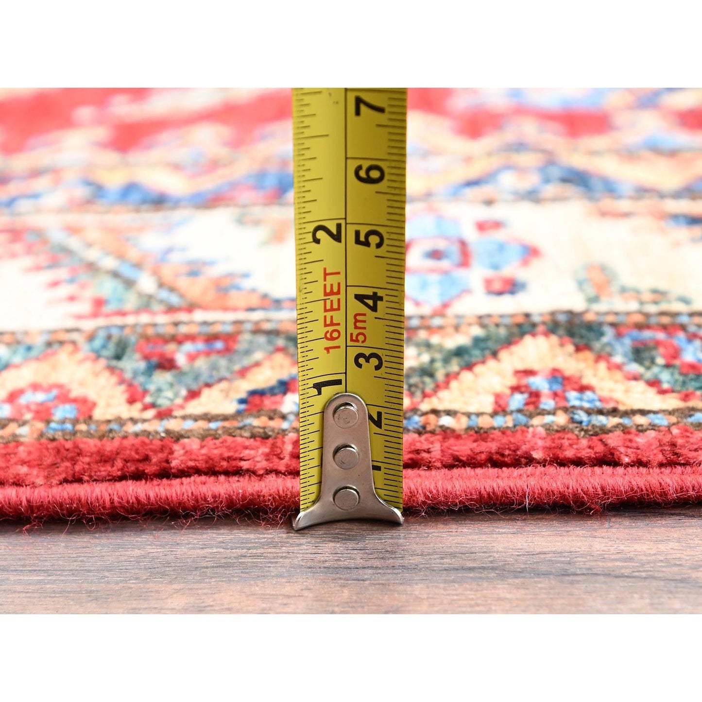 4'1"X6'5" Red Hand Knotted Afghan Super Kazak Medallions Design Wool Rug