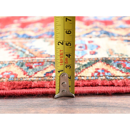 4'1"X6'5" Red Hand Knotted Afghan Super Kazak Medallions Design Wool Rug