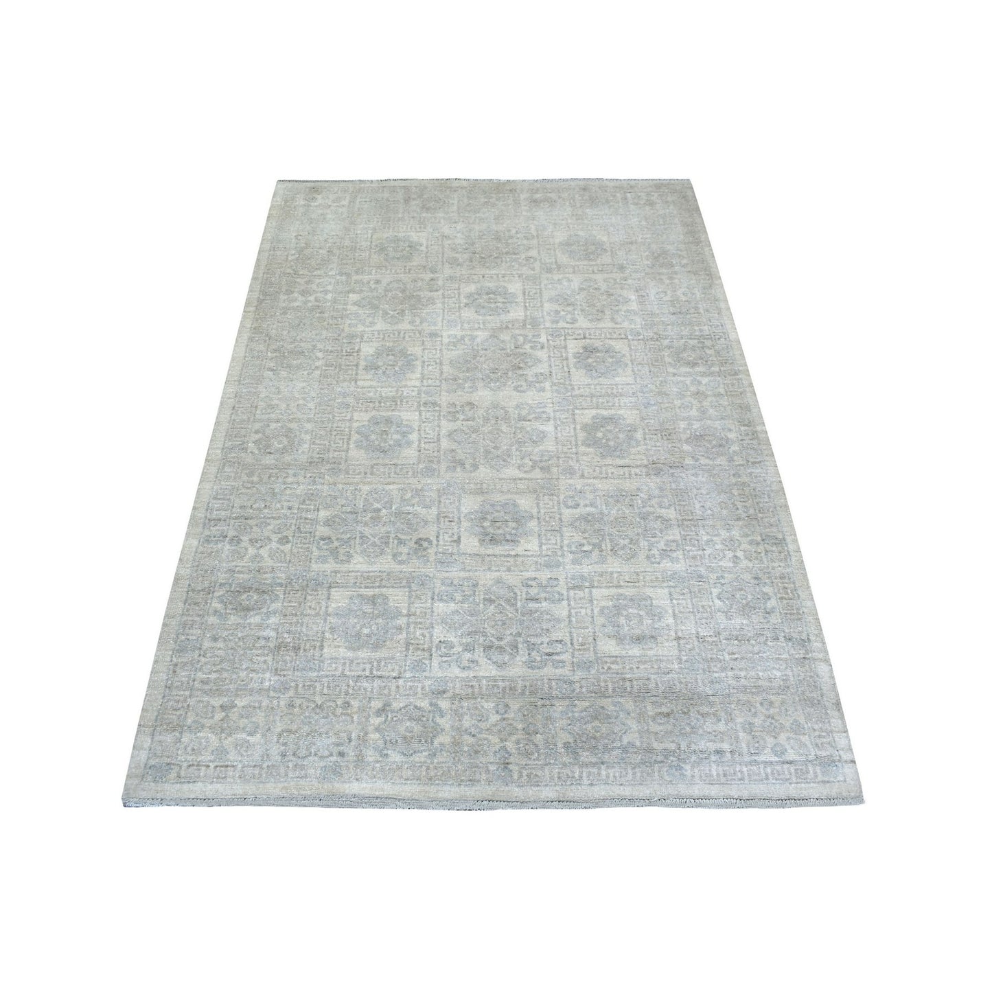 4'1"X5'9" Ivory White Wash Peshawar Soft Wool Hand Knotted Rug