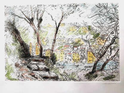 Michele Cascella "Portofino" Engraving Watercolor