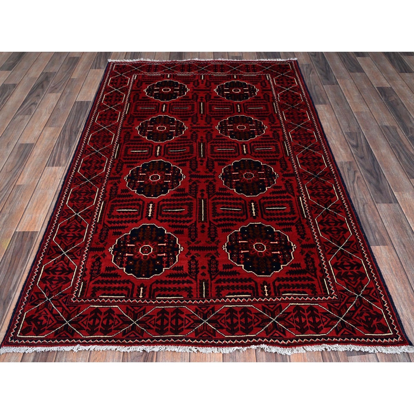 4'X6'4" Red Afghan Khamyab Tribal Medallions Design Wool Hand Knotted Rug