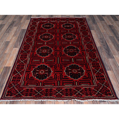 4'X6'4" Red Afghan Khamyab Tribal Medallions Design Wool Hand Knotted Rug