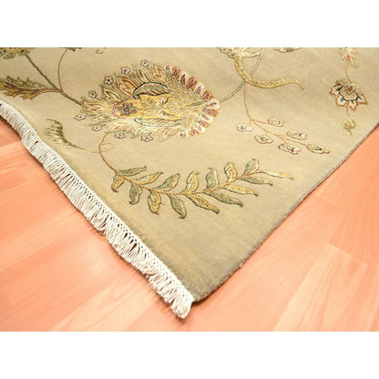 8'X10' Ecru Brown Wool & Silk Botanical Design Hand Knotted Oriental Rug