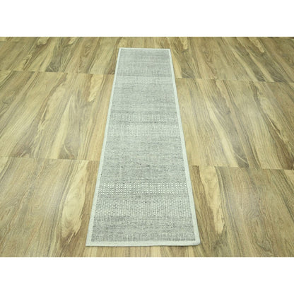 2'7"X8'1" Gray Pure Wool Rug Hand Knotted Oxidized Grass Design Runner