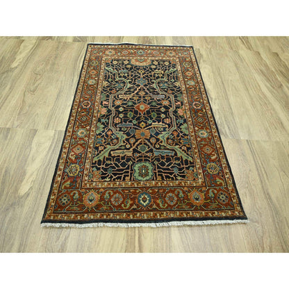 4'1"x6' Navy Blue Heris All Over Design Hand Knotted Soft Wool Pile Rug