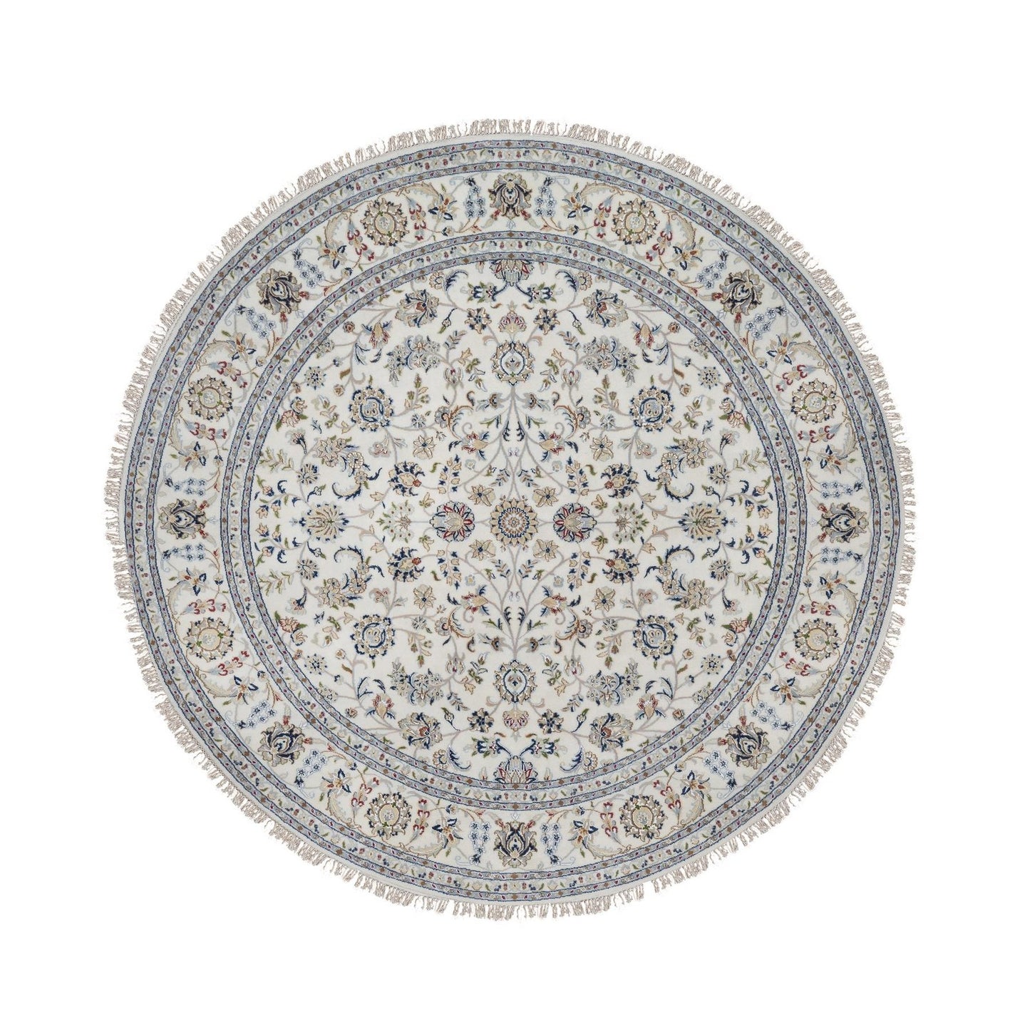 7'10"X7'10" Ivory Nain Floral Pattern Wool & Silk Hand Knotted Round Rug