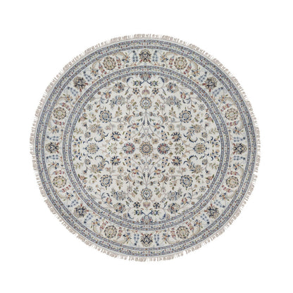 7'10"X7'10" Ivory Nain Floral Pattern Wool & Silk Hand Knotted Round Rug