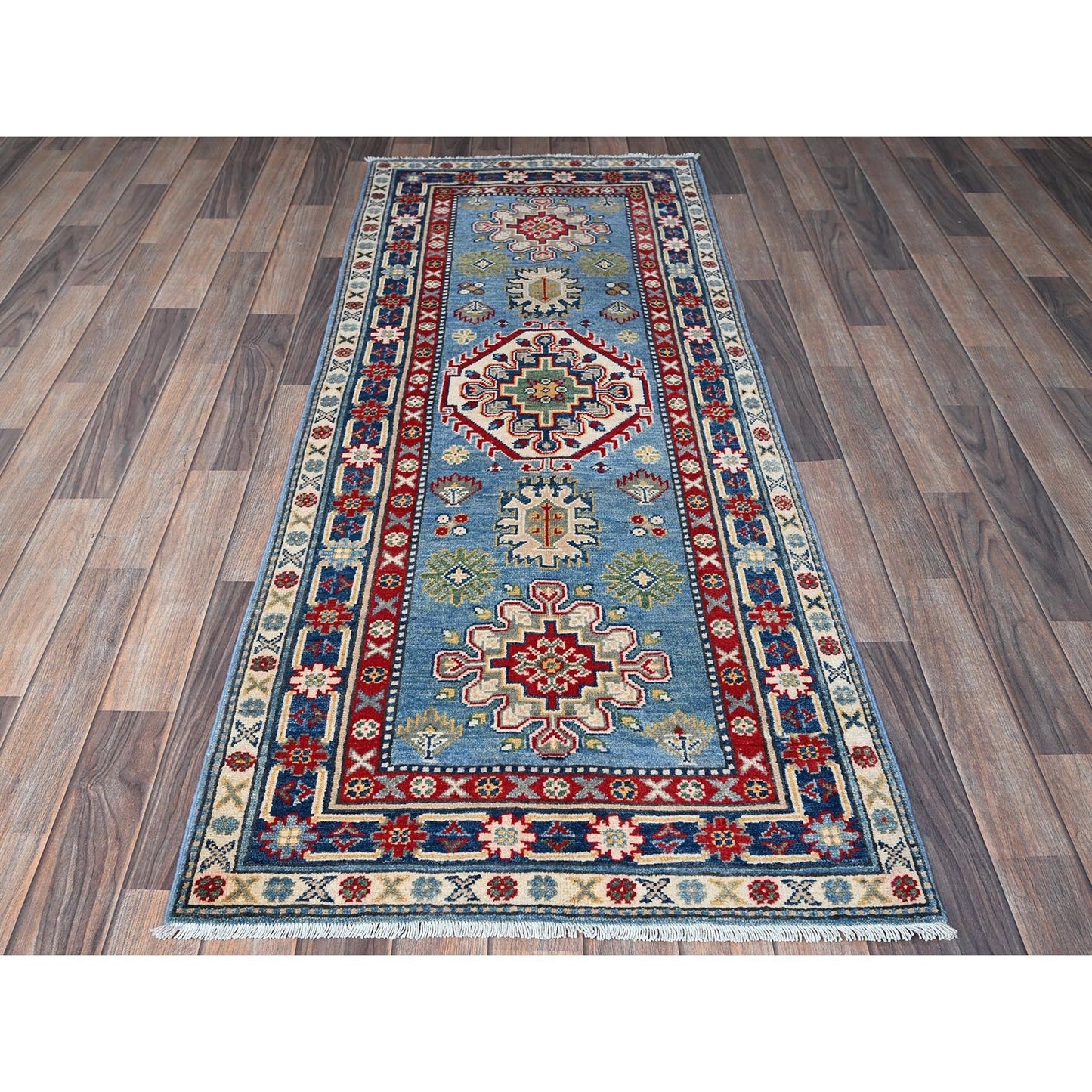 2'7"X6'7" Blue Kazak With Tribal Design Soft Wool Hand Knotted Runner Rug