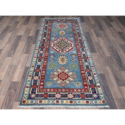 2'7"X6'7" Blue Kazak With Tribal Design Soft Wool Hand Knotted Runner Rug