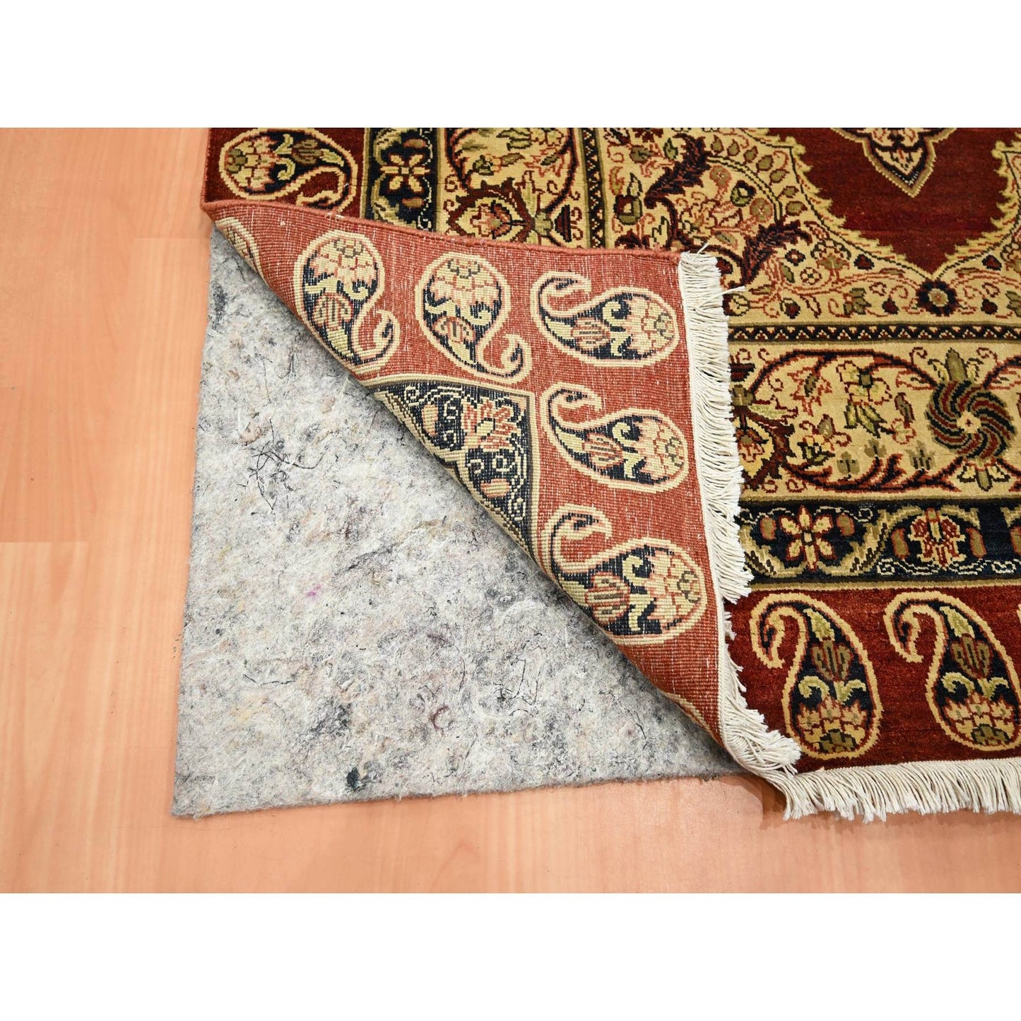 4'X6' Wine Red Pure Silk Tebraz Paisley Design Hand Knotted Oriental Rug