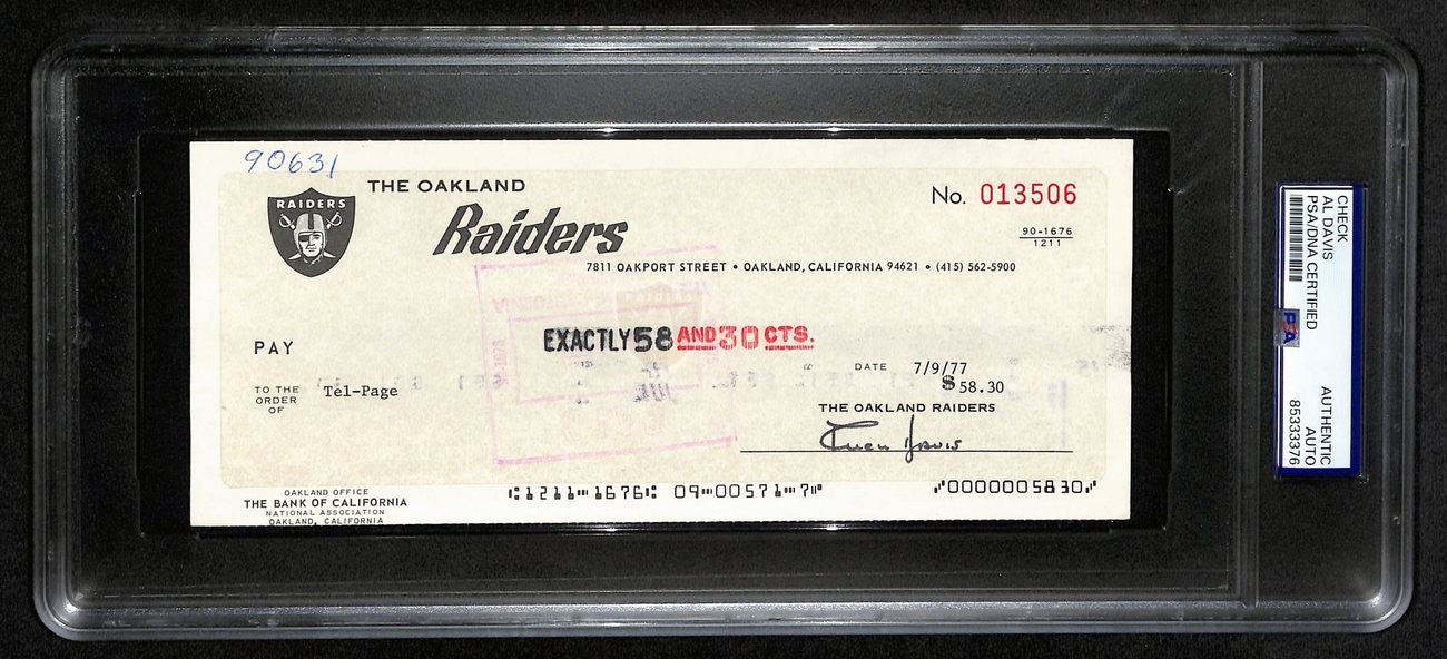 Al Davis Hof Signed/Autographed 8.5X3.5 Bank Check Raiders Psa/Dna 193231