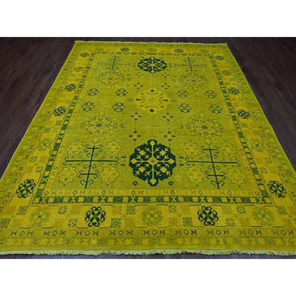 8'1"X9'5" Golden Yellow Overdyed Kazak Star Design Wool Hand Knotted Rug