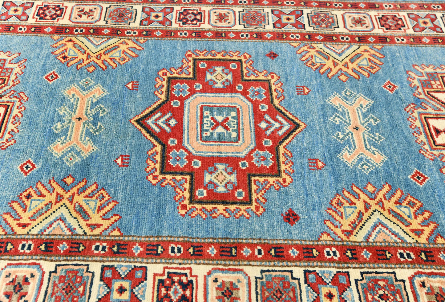 Tribal Geometric Kazak Runner Rug Blue Farmho