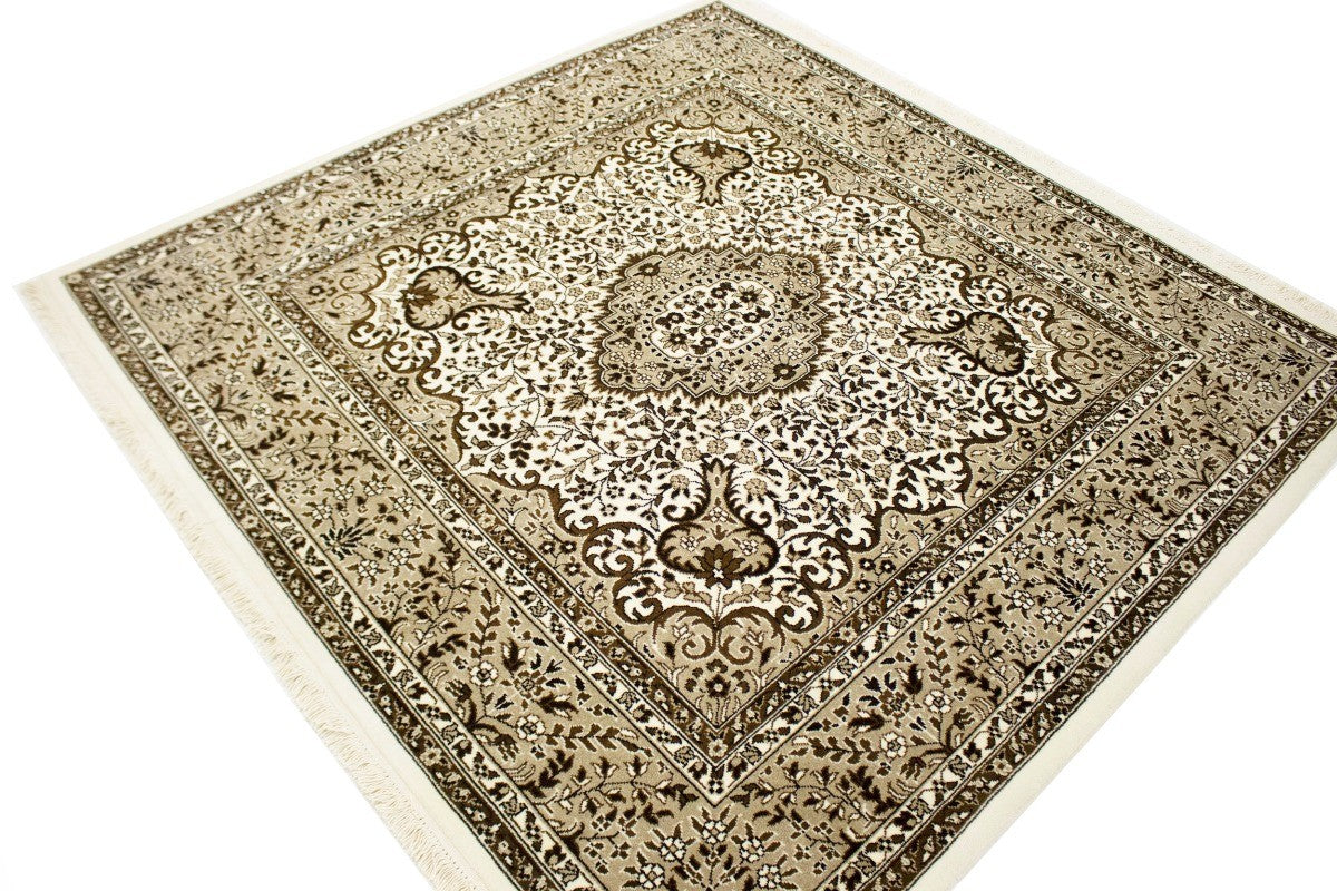Hand-Knotted Cream Kirman Square Rug Oriental Classic Floral Area Carpet 6X6 ft