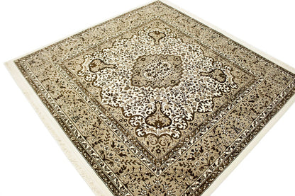 Hand-Knotted Cream Kirman Square Rug Oriental Classic Floral Area Carpet 6X6 ft
