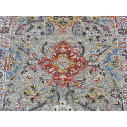 2'6"X10' Gray The Sunset Rosettes Silk And Wool Hand Knotted Runner Rug