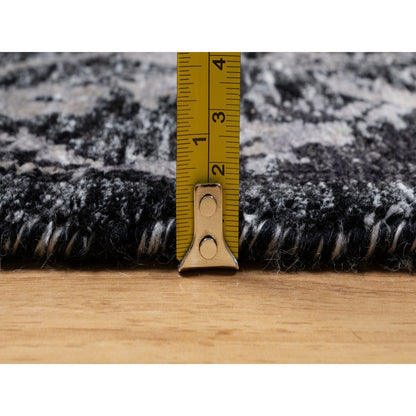 4'10"X7' Phantom Black Hand Knotted Sickle Leaf Design Wool And Silk Rug