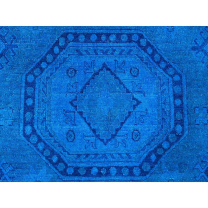 7'8"X10'1" Blue Hand Knotted Overdyed Kazak Geometric Design All Wool Rug