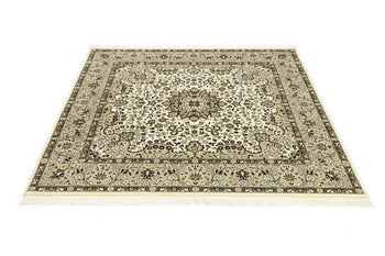 Hand-Knotted Kirman Square Rug Cream Floral Wool