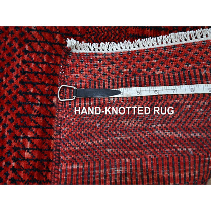 2'5"X14' Red Modern Grass Design Hand Knotted Wool And Silk Runner Rug