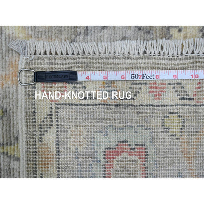 3'10"X12'1" Gray Hand Knotted Angora Oushak Leaf Design Wool Runner Rug