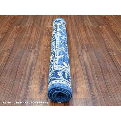 2'10"X4'8" Boeing Blue Hand Knotted Wool Mahal Design Xl Runner Rug