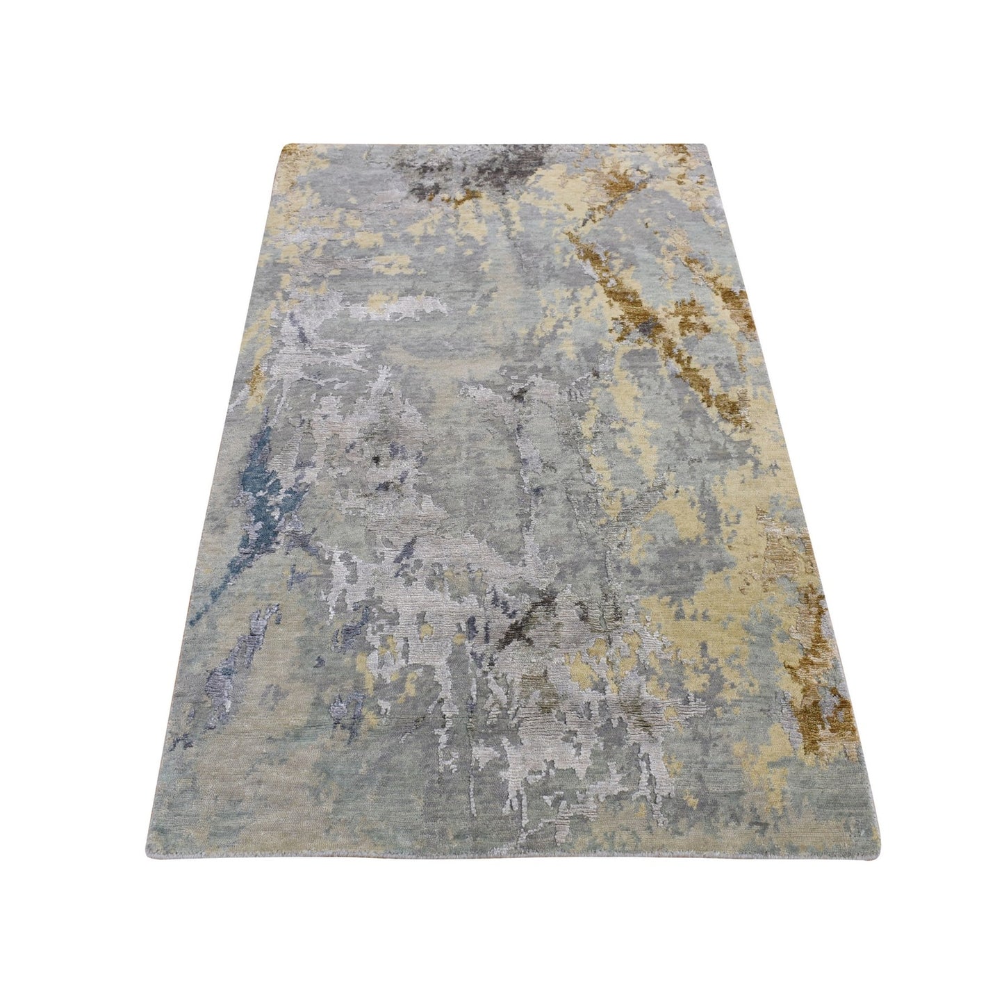 3'X5' Battleship Gray Abstract Design Wool And Silk Hand Knotted Rug