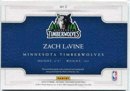 Zach Lavine Autographed 2016 - 2017 Panini National Treasures Triple Jersey 14/4