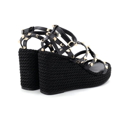 Detail Valentino Garavani Women's Rockstud Caged Wedge Sandals Leather with Rope