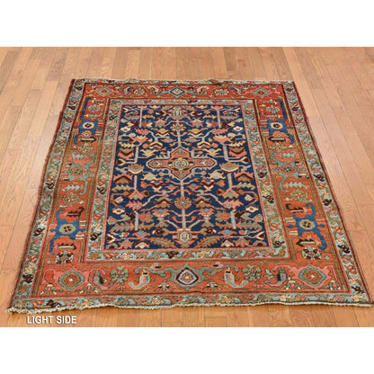 4'6"X5'6" Blue Antique Zoroastrian Heris Wide Serapi Borders Oriental Rug