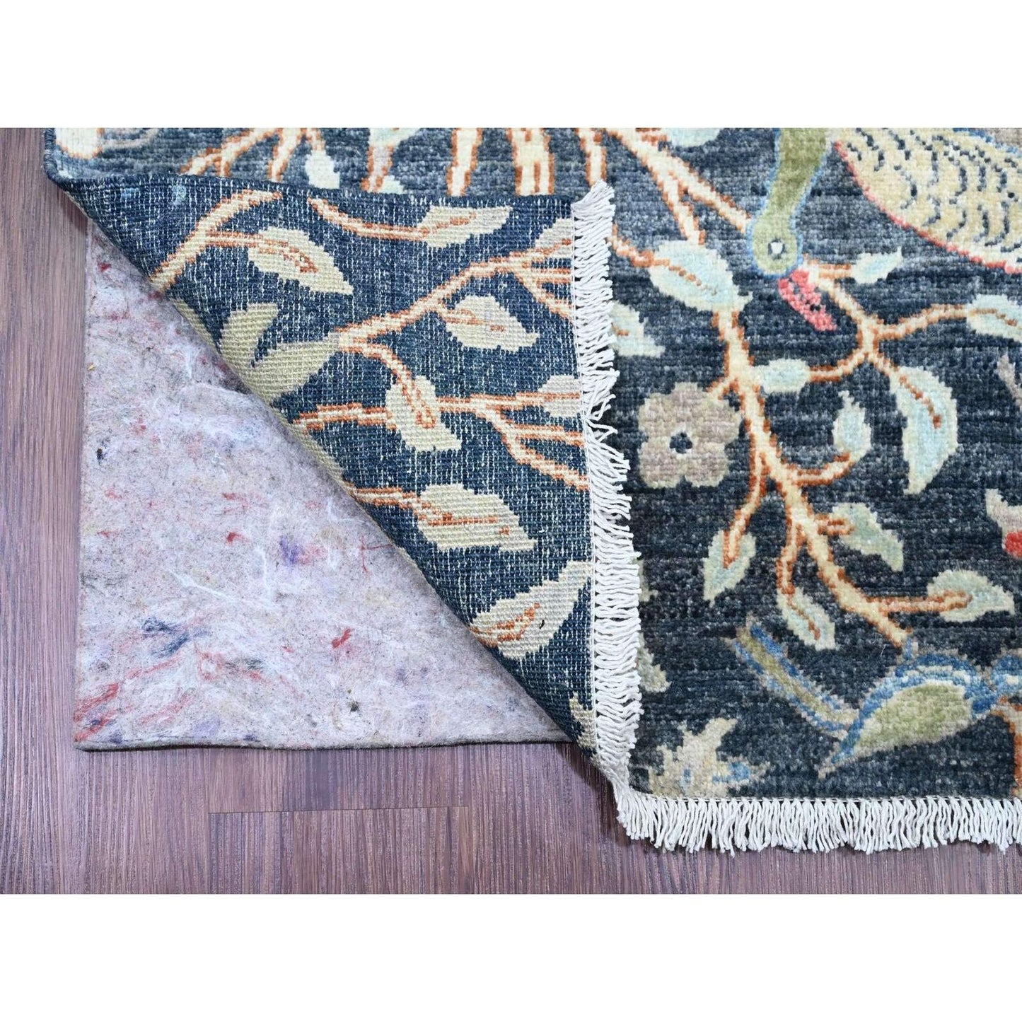 2'6"X19'3" Blue Peshawar Birds Design Hand Knotted Soft Wool Runner Rug