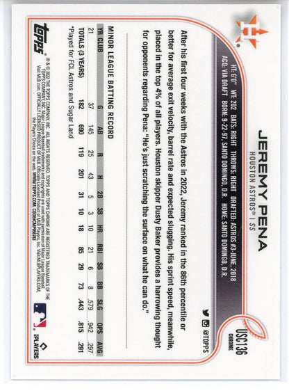 Jeremy Pena 2022 Topps Chrome Rookie Purple Refractor Card #Usc136