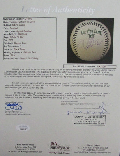 Ichiro Suzuki Signed Rawlings 2001 All-Star Game Baseball Mariners Jsa 171379