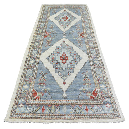 4'X10'4" Gray Hand Knotted Wool Anatolian Village Inspired Runner Rug