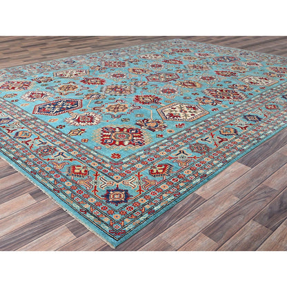 9'X12'1" Fanfare Blue Kazak Geometric Hand Knotted 100% Wool Oriental Rug