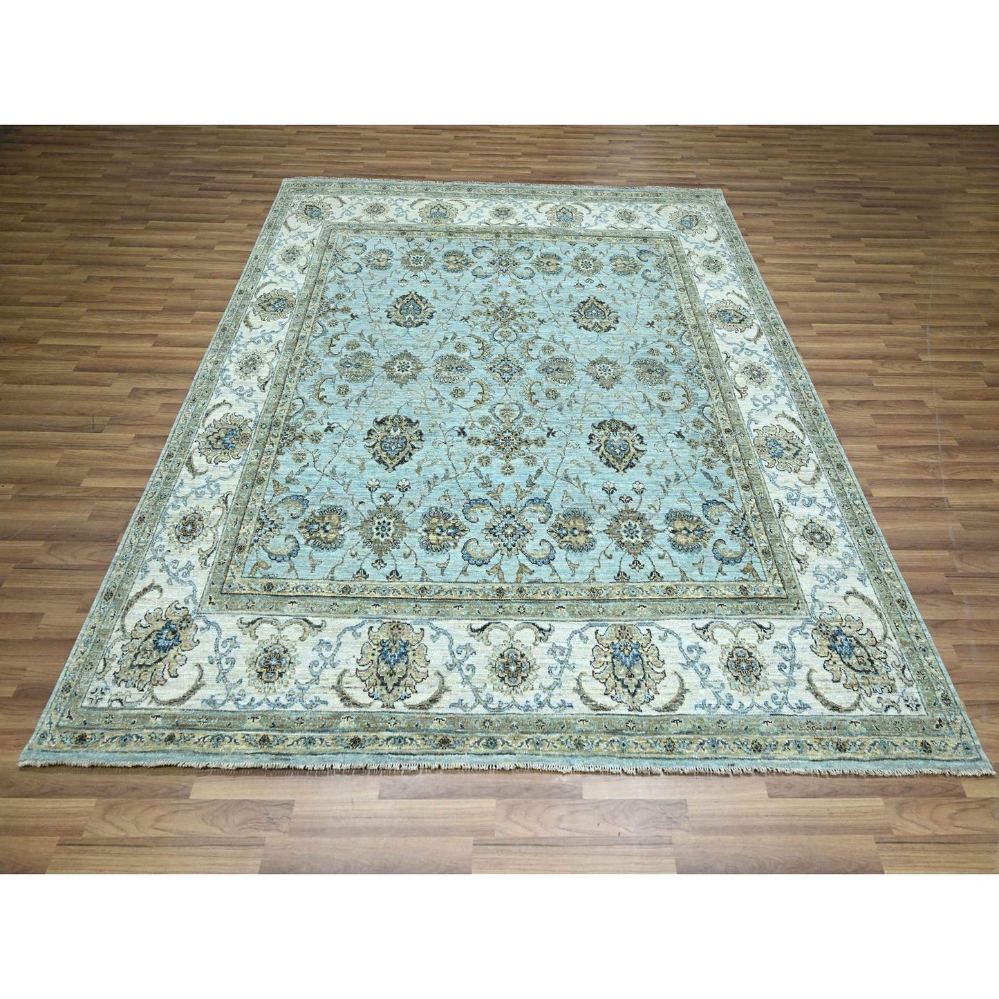 8'1"X8'1" Blue Agra Shah Abbas Flower Design Wool Hand Knotted Square Rug