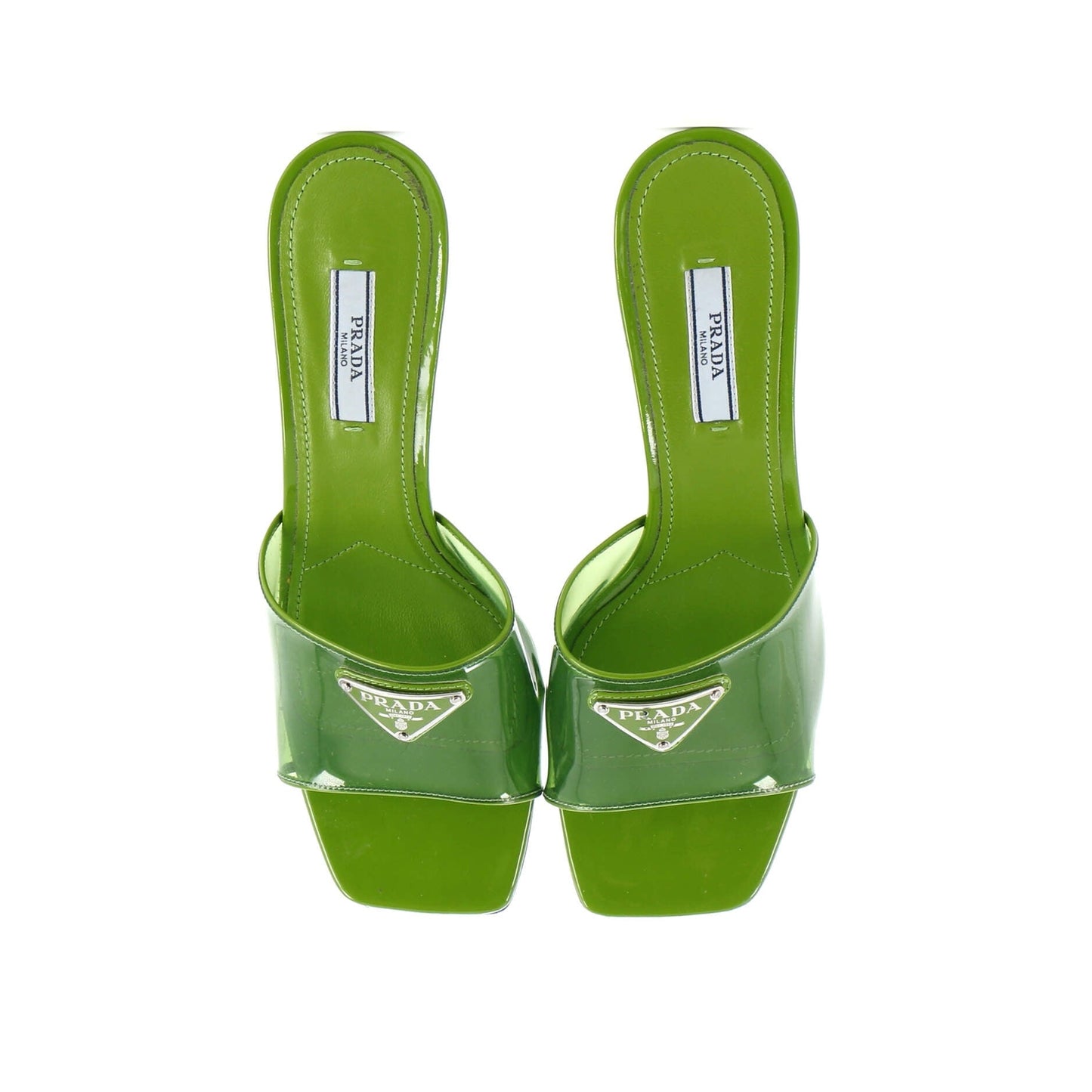 Prada Women'S Triangle Logo Kitten Heeled Sandals Pvc With Patent